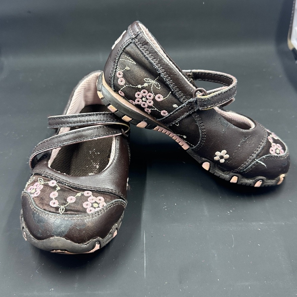 Skechers Mary Jane Shoes Girls Size 8 Brown Pink Floral Embroidered 92845N